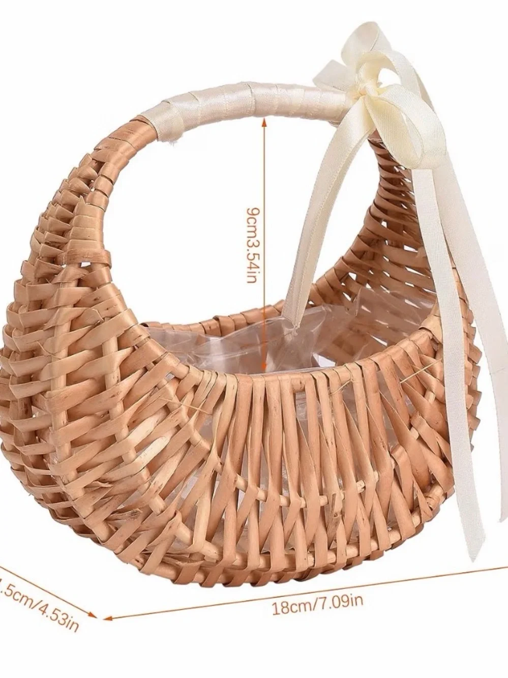 Woven Half Moon Wicker Rattan Basket with Handle and Ribbon